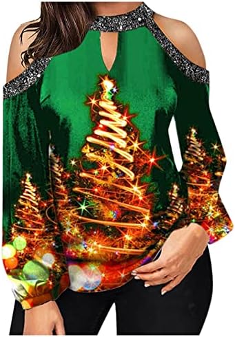 FMCHICO жени надвор од рамената на рамото, божиќна кошула, обичен пулвер со долга ракав, блуза