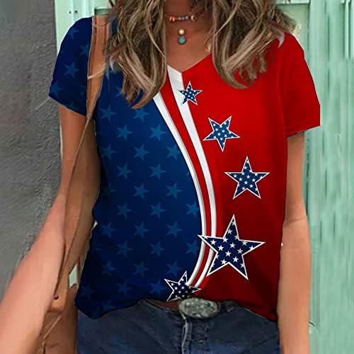 4 -ти јули 2023 година маици за жени Американско знаме Врв против вратот на вратот кратки ракави лабави лесни летни врвови