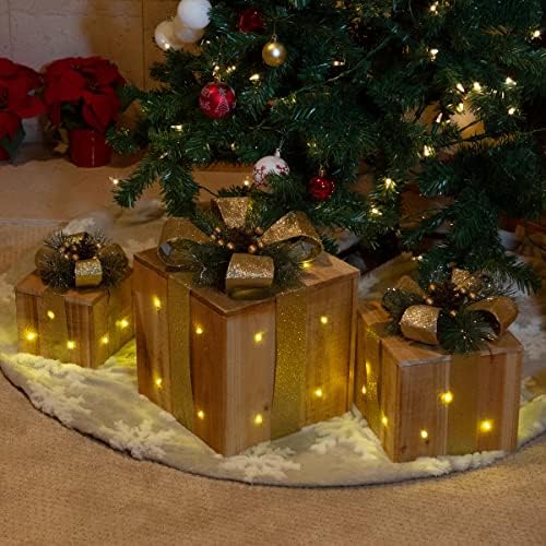 Алпска корпорација 3-парчиња дрвен подарок кутија Божиќен декор со LED светла, злато