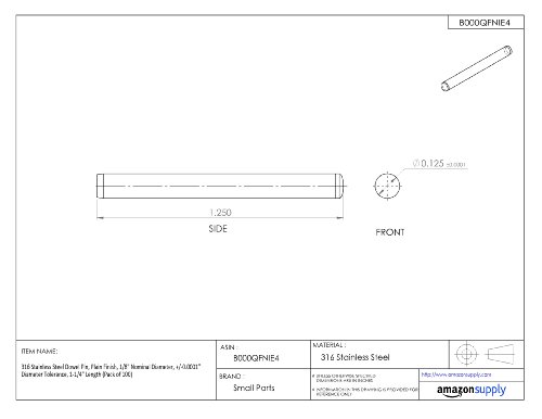 316 ПИН од не'рѓосувачки челик, обичен финиш, 1/8 Номинален дијаметар, +/- 0.0001 Толеранција на дијаметар, должина од 1-1/4