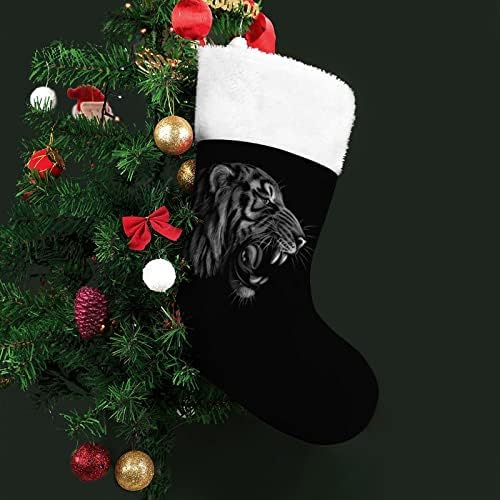 Црн и бел тигар портрет Божиќни чорапи порибување на Божиќни дрвја санта украси виси украси за одмор на камин 16,5 “