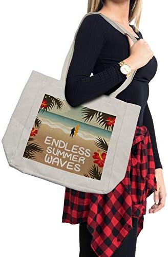 Торба за шопинг за сурфање на Амбесон, летна сезона на цртани филмови бранови Сенди плажа и палми лисја илустрација, еколошка торба