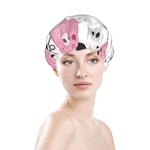 Womenените што можат да се користат затегнати капа за коса со полите, симпатична розова свиња цртан филм двојни слоеви водоотпорна капа за