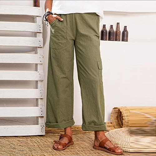 Pantsенски памучни постелнини панталони, широки нозе на плажа лабави вклопени карго панталони јога каприс удобни модни директни панталони
