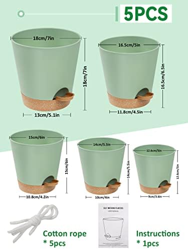 5 -пакети садови за самостојно наводнување за растенија во затворен простор, 7/6,5/6/5,5/5 инчи цветни жардинери садови со дренажни