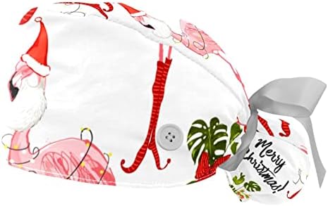 Работна капа со копчиња и врски со лента за жени 2 пакувања Божиќни фламинго прилагодливи унисекс хируршки капачиња за чистење капаче