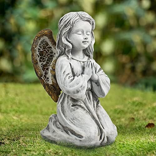Rezpuao 9.52Inch Ангел градина фигура на отворено градина статуа, скулптура соларна градина со смола, молење ангелска уметност градинарска
