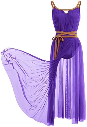 Афавом женски едно парче лирски танц фустан со појас современ танцов костум со долга мрежа, проточен разделен шифон тул здолниште