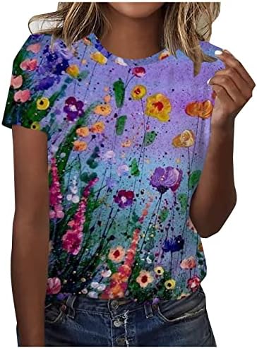Цветни маици за печатење за жени, женски обичен краток ракав летни врвови симпатична екипаж лабава туника маичка блуза