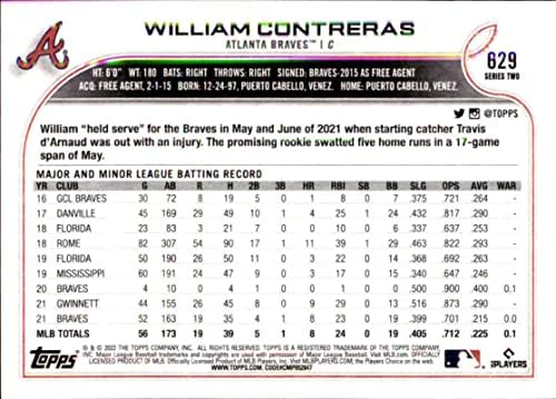 2022 Топпс 629 Вилијам Контрарас Атланта Храбри серија 2 МЛБ картичка за тргување со бејзбол
