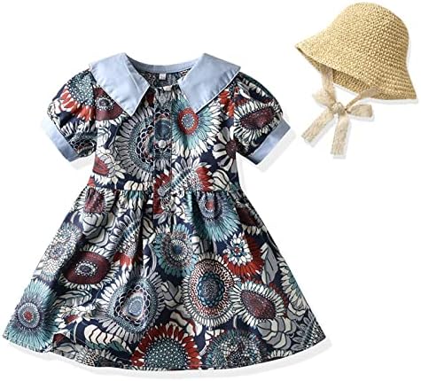 Детско дете бебе девојки пролетно лето цветен памук со краток ракав, принцеза фустан, облечена капа облека, дете момче девојка облека