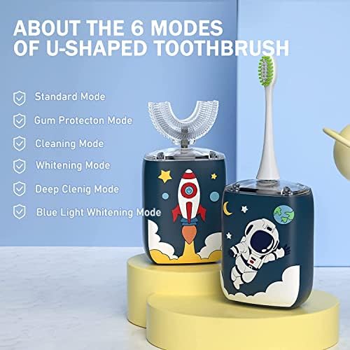 Elotame Kids U во облик на електрична четка за заби со 4 глави од четки, цртан филм астронаут Sonic автоматска четка за заби
