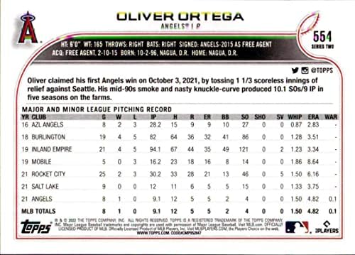 2022 Топпс 554 Оливер Ортега РЦ дебитант Лос Анџелес Ангели Серија 2 МЛБ Бејзбол Трговска картичка