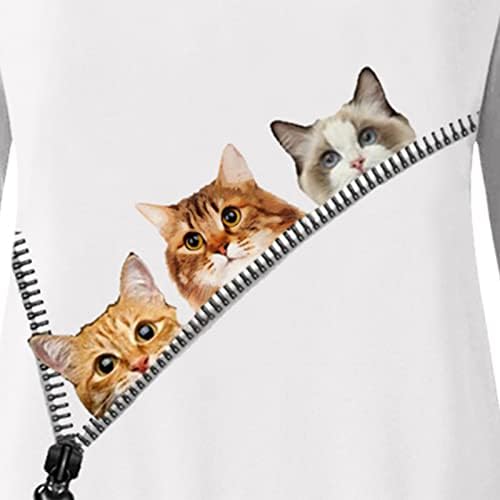 Женска маичка симпатична мачка графички печати со долг ракав, врвови на екипаж, обични лабави лесни кошули, обичен врв