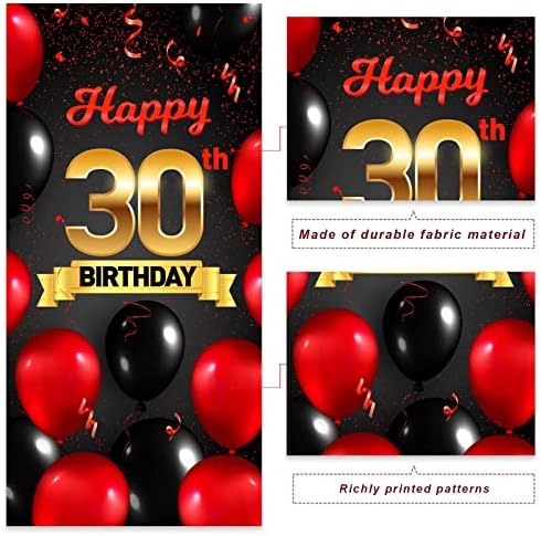 Среќен 30 -ти роденден црвено -црни балони конфети банер за позадина на 30 години стари од 30 години теми украси украси украси за жени