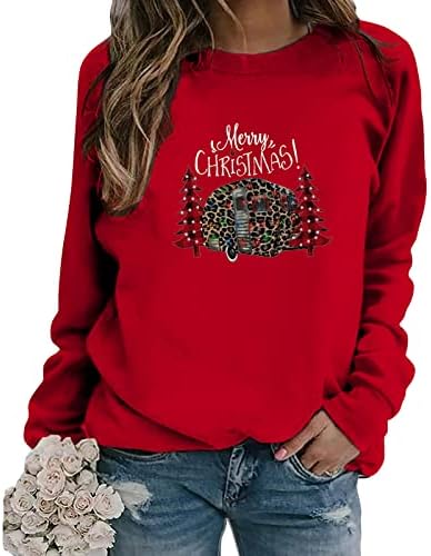 Среќна Божиќна маичка за жени елка Цврсти врвови Раглан со долг ракав, обичен Божиќ, обичен Божиќ пулвер