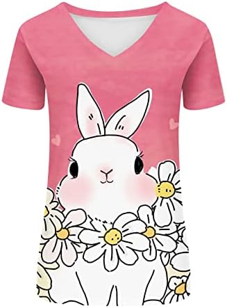 Симпатични велигденски кошули за жени против вратот со кратки ракави 3Д -печати за зајаче, графички маички лабави лето лето