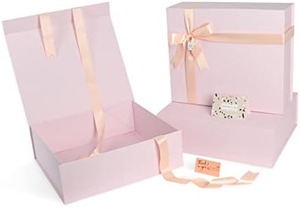 Розови Кутии За Подароци Со Капаци 3 Пакувања, 17х14, 5х5, 5 Инчи Екстра Голема Кутија За Подароци Со Лента, Склопувачки Кутии
