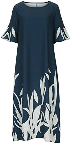 Tiftи женски летен макси фустан на Tifzhadiao Ruffle кратки ракави екипаж на долги плажа фустани плетени памучни постелнина макси фустан
