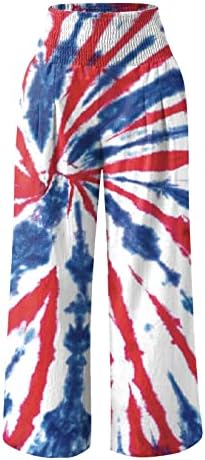 4 -ти јули жени памучни постелнини широки панталони за нозе САД Еластично руширани панталони со широки нозе со џебови Палацо панталони