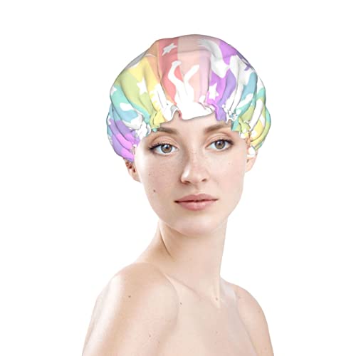 Womenените што можат да се користат затегнати капа за коса од полите, симпатична бела бела еднорог лента виножито двојни слоеви водоотпорна
