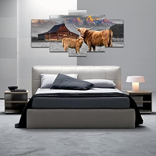 Хајленд крава платно wallидна уметност - слики за печатење на животни 30х60 инчи Хајленд говеда Фотографии 5 Панели Рамка Фарма Хаус Сликарство
