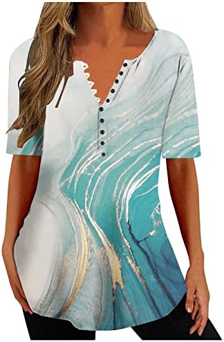 Qcemeni женски Туника врвови графички кошули за печатење со кратки ракави копче V вратот блузи летни модни маички обични лабава маица