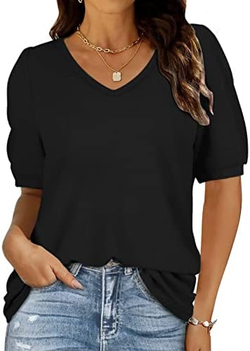 Врвови за кратки ракави за жени за жени секси V вратот цврста боја маички лабави вклопени лесни блузи пуловер