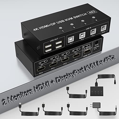 4 Порта HDMI + Displayport Kvm Прекинувач Двоен Монитор 4 Компјутери 4k@60hz Поддршка HDMI2. 0 DP1. 2 KVM Прекинувач СО 4USB