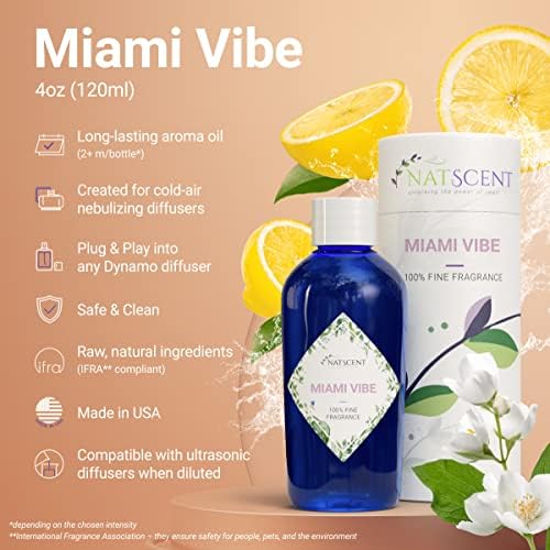 Natscent Dynamo дифузер со масло од миризба во Мајами, вклучен, пакет на паметна ароматерапија дифузер и приклучок и игра 4oz шише со мириси,