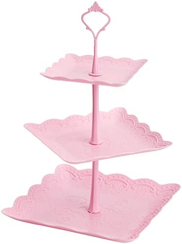 Tosnail 3 пакувања 3 нивоа пластични кекс -штанд за десерт штанд за сервирање со розови бонбони за бонбони за бебиња за туширање, свадба
