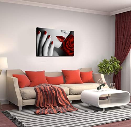 Нахичен wallиден моден wallиден уметност за декор во спална соба црно -црвено платно уметност печатење жена усни нокти и црвена роза