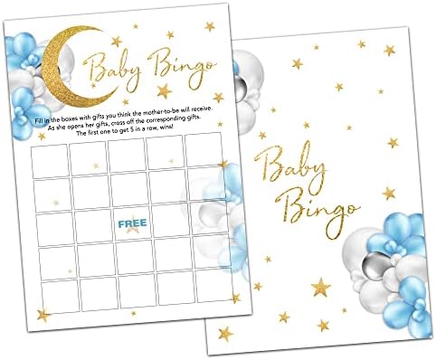 Doqpo Moon and Stars Baby Thourse Game, Blue Balloon Baby Toush Bingo картички, родови откриваат забави за забави, материјали