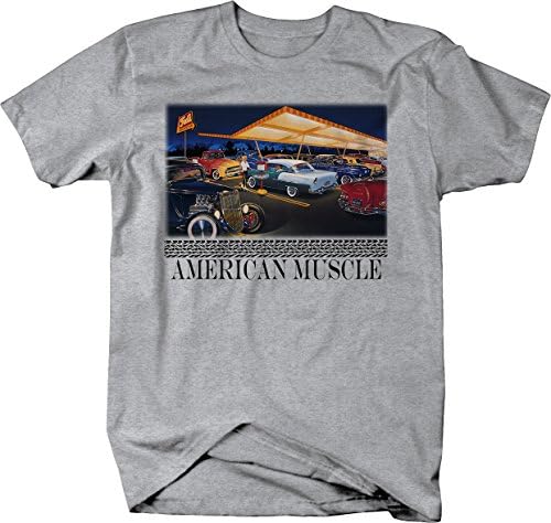 Американски мускулен класичен автомобил со автомобили со автомобили погон во крстарење графички маица за мажи