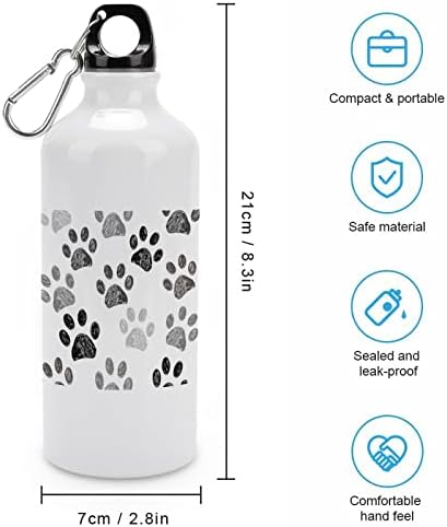 Шишиња за печатење со шепа на кучиња црни бели алуминиумски шишиња со вода со карабинер за повторно употреба на спортски шишиња за патување со
