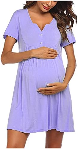 Womanена породилна фустан доилки со доилки кои се дојат v вратот цврсти копчиња краток ракав бремена фустан фустан за спиење