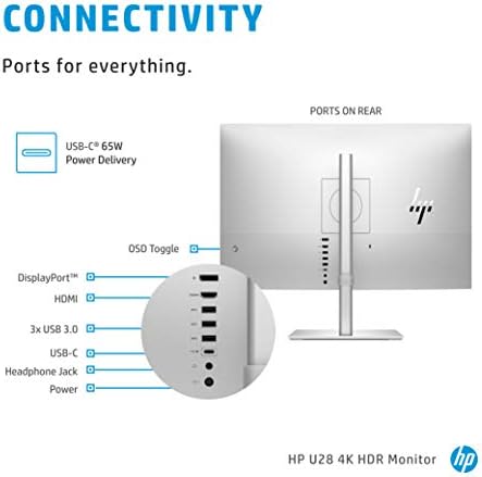HP U28 4K HDR-Компјутерски Монитор За Креатори На Содржини со IPS Панел, HDR и USB - C Порта-Широк Екран 28-инчен, Со Фабричка Калибрација На