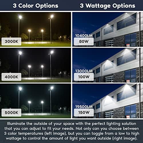 LUXRITE 80/ 100/150W LED светла за поплави на отворено со самрак до зора Фотоцел, до 19500lm Супер светла безбедносна светлина, 3CCT селектираат 3000K -5000K, IP65 водоотпорен, DLC, UL - Јард, С?