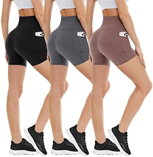 3 пакувања со шорцеви за велосипедисти со џебови за жени - 5 Висока половината за контрола на стомакот за контрола на стомакот Спандекс шорцеви