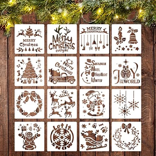 16 парчиња Божиќни матрици за сликање, 6x6 божиќни матрици за занаети за занаети на дрво на дрво DIY парчиња за запишување, украси за занаети за занаети wallидни прозорец