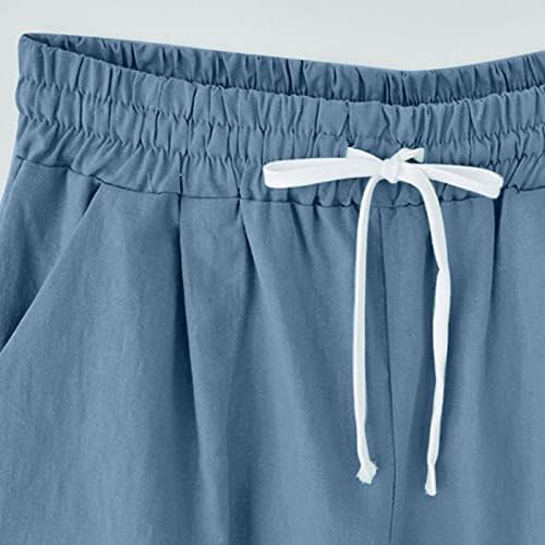 Женски памучни постелнина шорцеви модни влечки обични џеб плус големина џогер кратка оставата, летна плажа, џемпер.