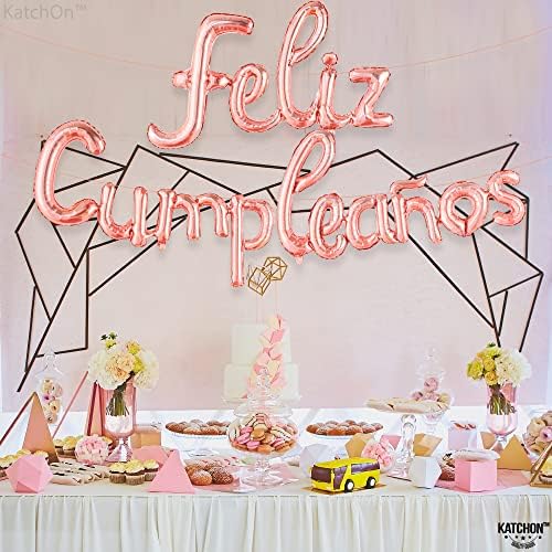 Katchon, Rose Gold Feliz Cumpleanos балон банер - 16 инчи | Скрипта Фелиз Cumpleaños Балони за украси на Фелиз Кумплеонс | Курзивни среќни
