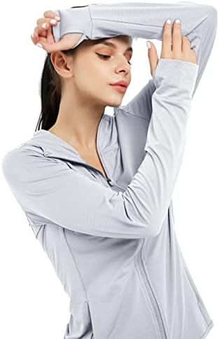 Dpowienенска женска атлетска јакна лесен долг ракав upf 50+ кошули за пешачење целосен патент за заштита од сонце со џебови со џебови