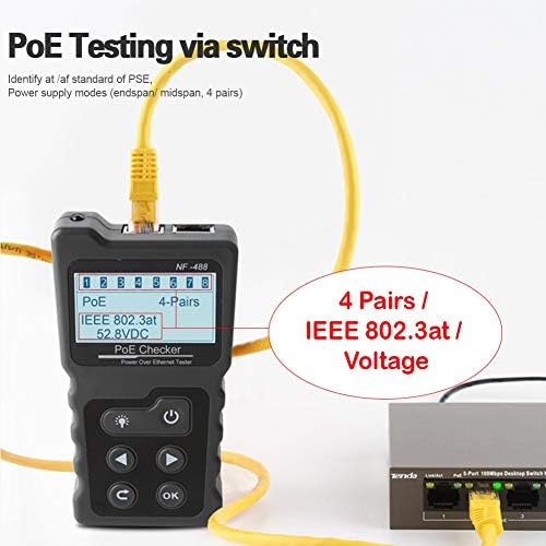 NF-488 POE Tester Inline Tester за напојување преку напон на напон на етернет и тековен тест RJ45 Тестер за континуитет на мрежен кабел