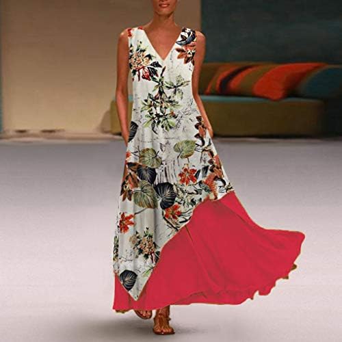 Letterенски летен макси фустан без ракави, случајни шпагети каиш со цвеќиња цветни фустан бохо туничен фустан за жени