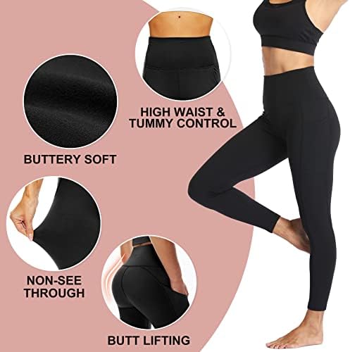 4 пакувачки хеланки за жени - Контрола на стомак со висока половината мека без да се гледаат црни јога панталони за атлетски тренинг