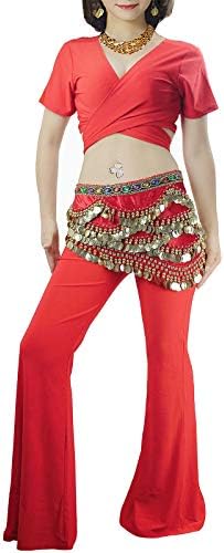 Farlenoyar женски стомак танц Топ + панталони јога панталони кратки ракави со врата од вратот со вратот