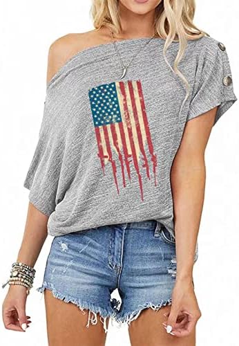 QCEMENI Ден на независност на жените од рамото на рамото на американското знаме со сончогледни маици со кратки ракави летни обични блузи