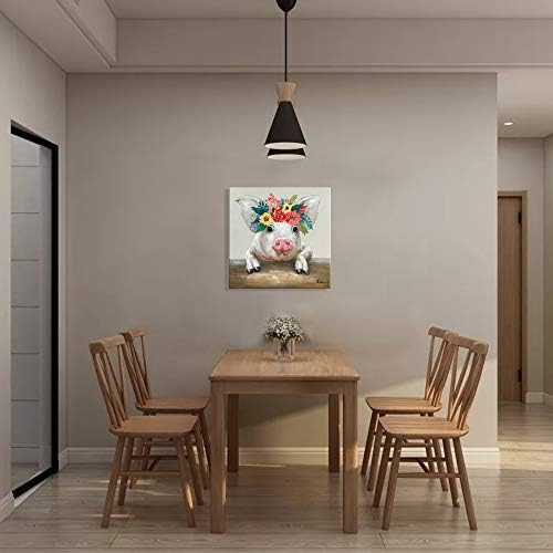 B Blingbling свинско платно слика wallидна уметност: рустикална свиња цветни круни wallидови украси фарма животинска wallидна уметност