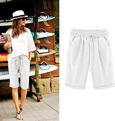Илугу жени летни памучни постелнини панталони плус големина високи половини шорцеви кои лежат тренингот на плажа џеб салон за пет